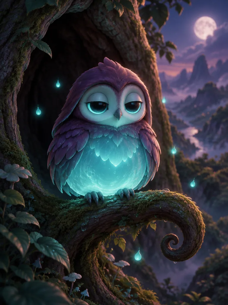 Lullow: Dewkin seperti burung hantu kecil bertudung bulu plum, perut embunnya menyala cyan, bertengger di dahan melingkar di bawah bulan.