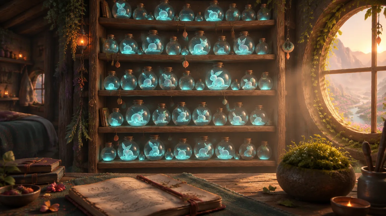 Rak kayu di pondok Warden penuh botol kaca bulat berisi embun cyan, sebagian berisi Dewkin kecil yang tidur. Cahaya fajar masuk dari jendela bundar, buku catatan terbuka di meja.